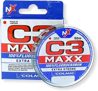 Colmic C3 MAXX – Fluorocarbono 100% extra fuerte 50 m – Invisible en agua, alta resistencia a la abrasión, excelente agarre al nudo, fabricado en Japón – Bobina compacta