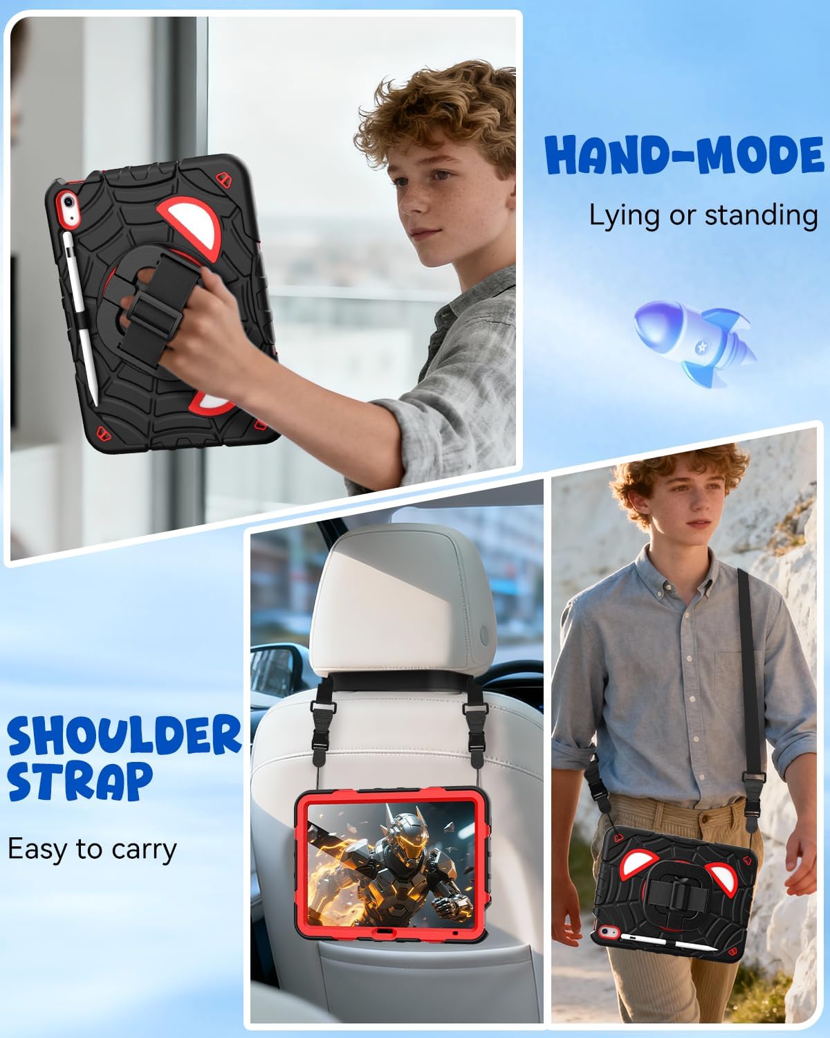 Grifobes Case for iPad A16 11th/10th Generation 2025/2022 11/10.9 inch, Full Body Protection with Screen Protector/Pencil Holder/Stand,Hand/Shoulder Strap for i Pad 11/10.9 Cover Black+Red