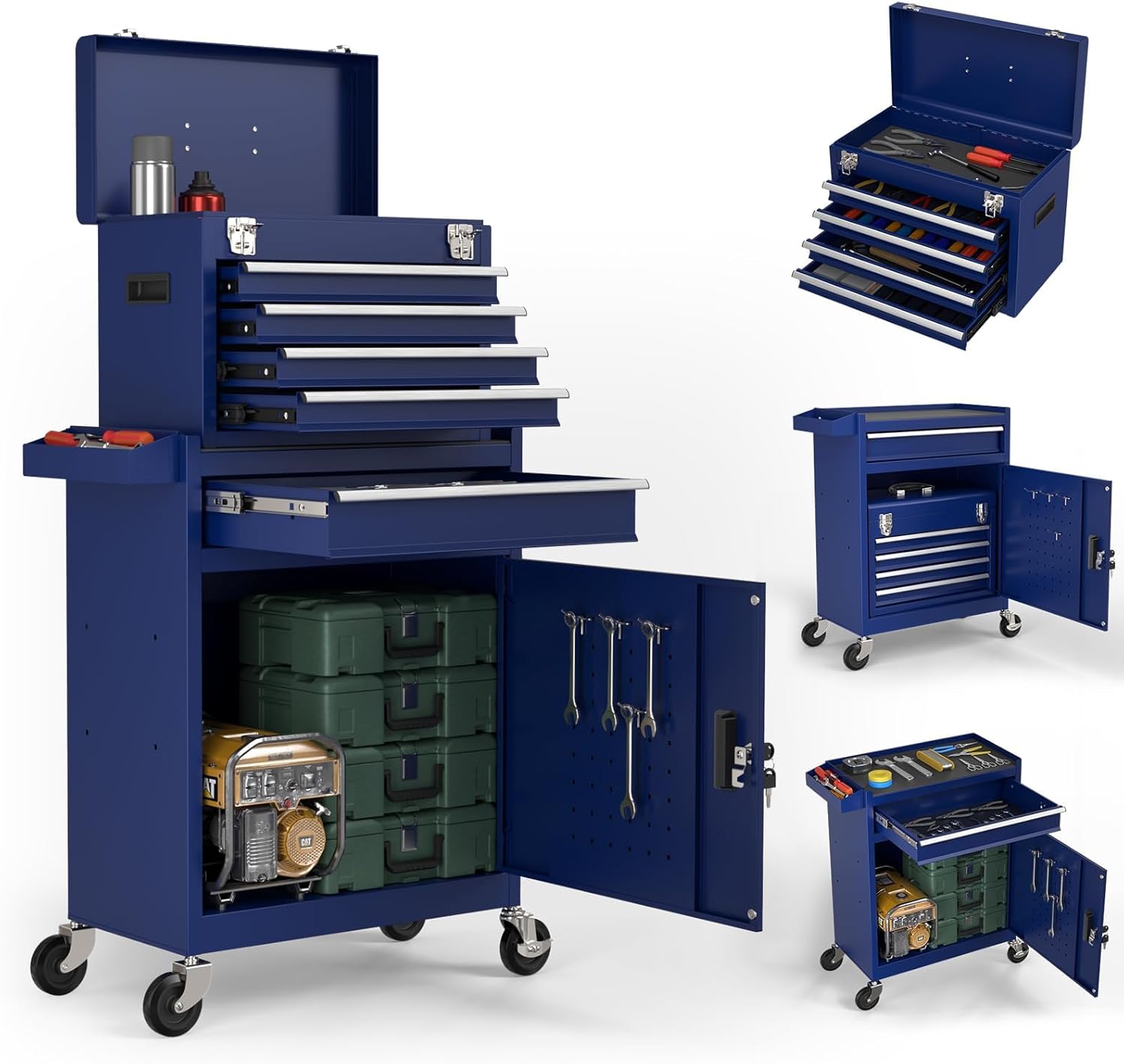 5-Drawers Tool Chest, 2-in-1 Mechanic Rolling Tool Box Removable Lockable Tool Storage Cabinet, Metal Tool Cart with Drawers and Wheels for Garage, Workshop