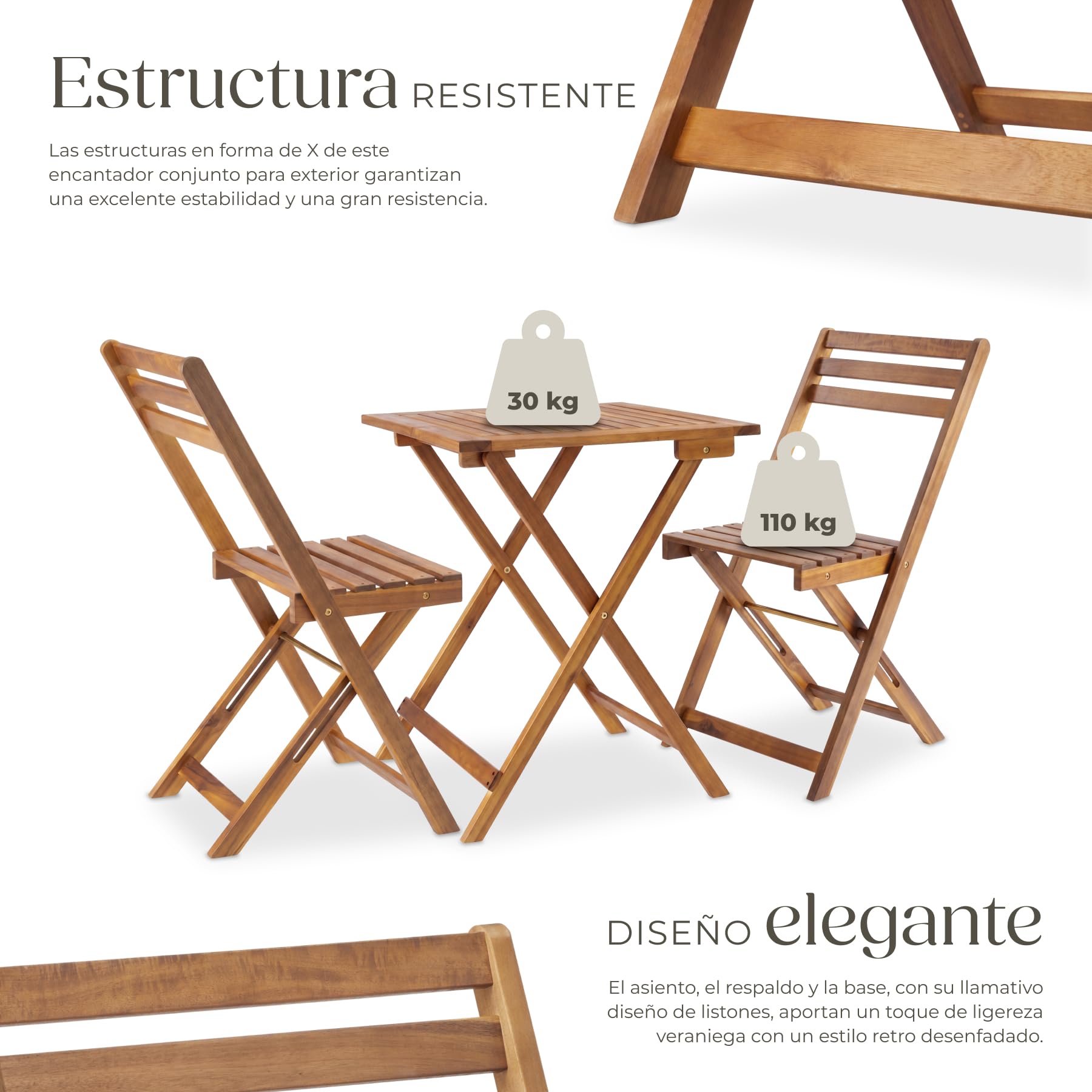 tectake® Set de Bistró de Mesa Plegable y Sillas Jardin para 2 Personas, Conjunto Jardin Exterior, Resistente a la Intemperie, Sillas Plegables, Mesa Terraza Exterior, Muebles, Balcon - Marrón