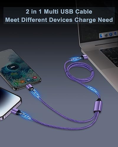 Miniatura 3 de Cable de carga múltiple con puerto USB C Lightning 2 en 1 de nailon trenzado, cable USB múltiple de carga rápida para dispositivos iPhoneAndroid