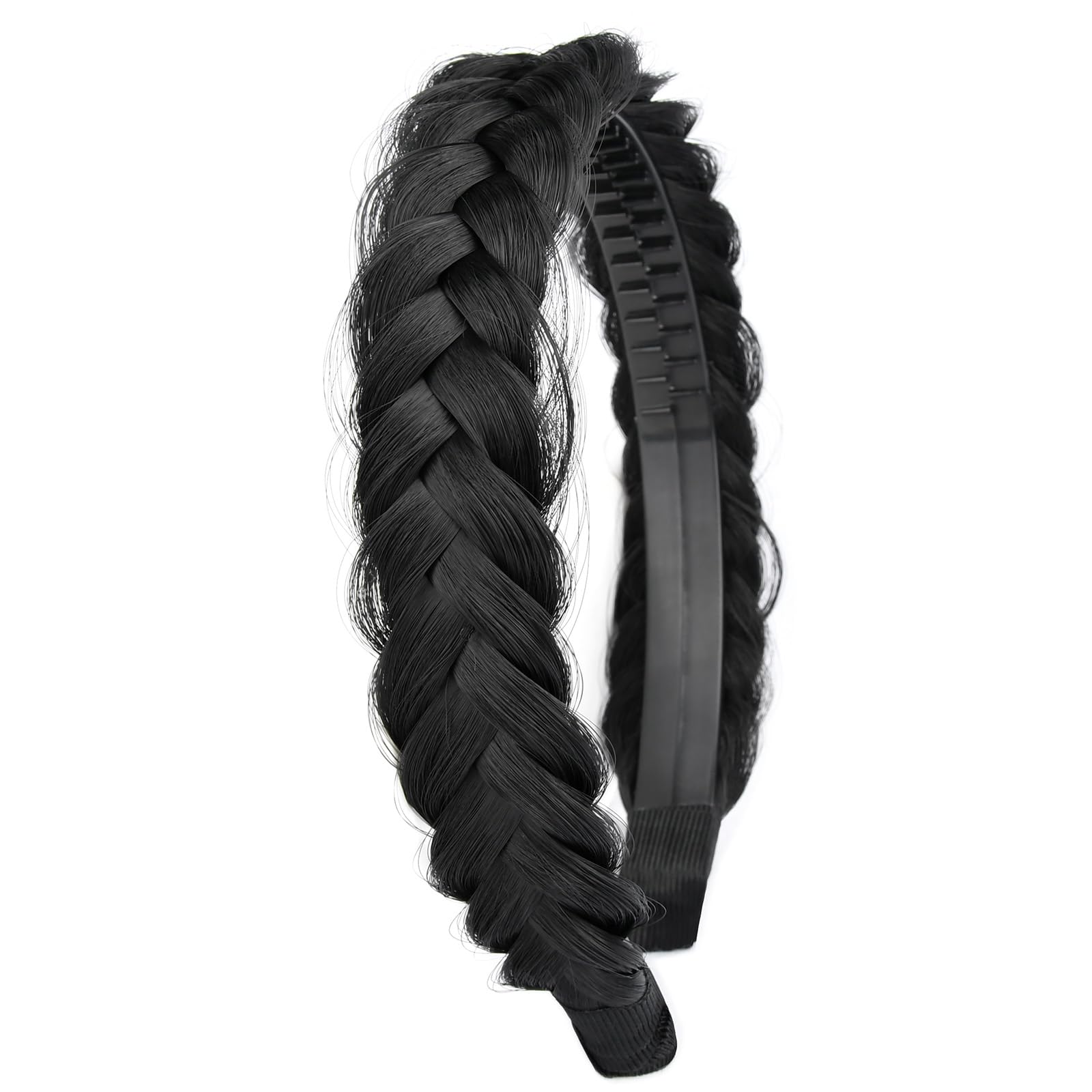DIGUAN Headband Synthetic Hair Plaited Headband Braid With Teeth Hair Band Accessories for Women Girl Width 1.5 Inch (W-Natural Black)