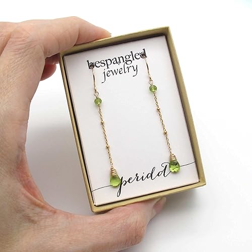 Miniatura 6 de Delicate Peridot Long Dangle Earrings Dainty Gemstone August Birthstone 14k Gold Filled