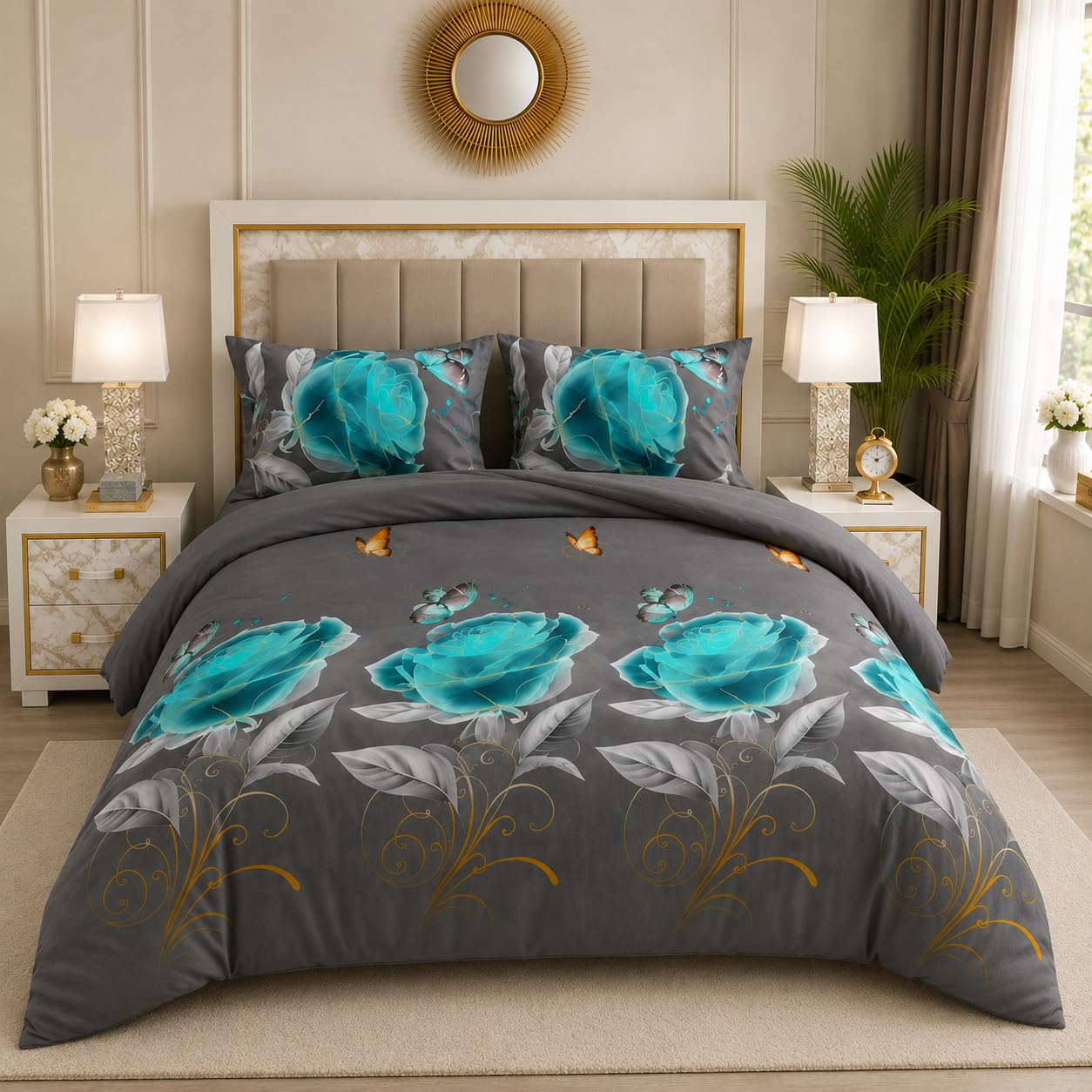 Trendy 4 Piece Complete Bedding Set – Soft Microfiber Double Duvet Cover, Fitted Sheet & 2 Pillowcases | Floral Printed, Wrinkle-Free & Lightweight for All Seasons