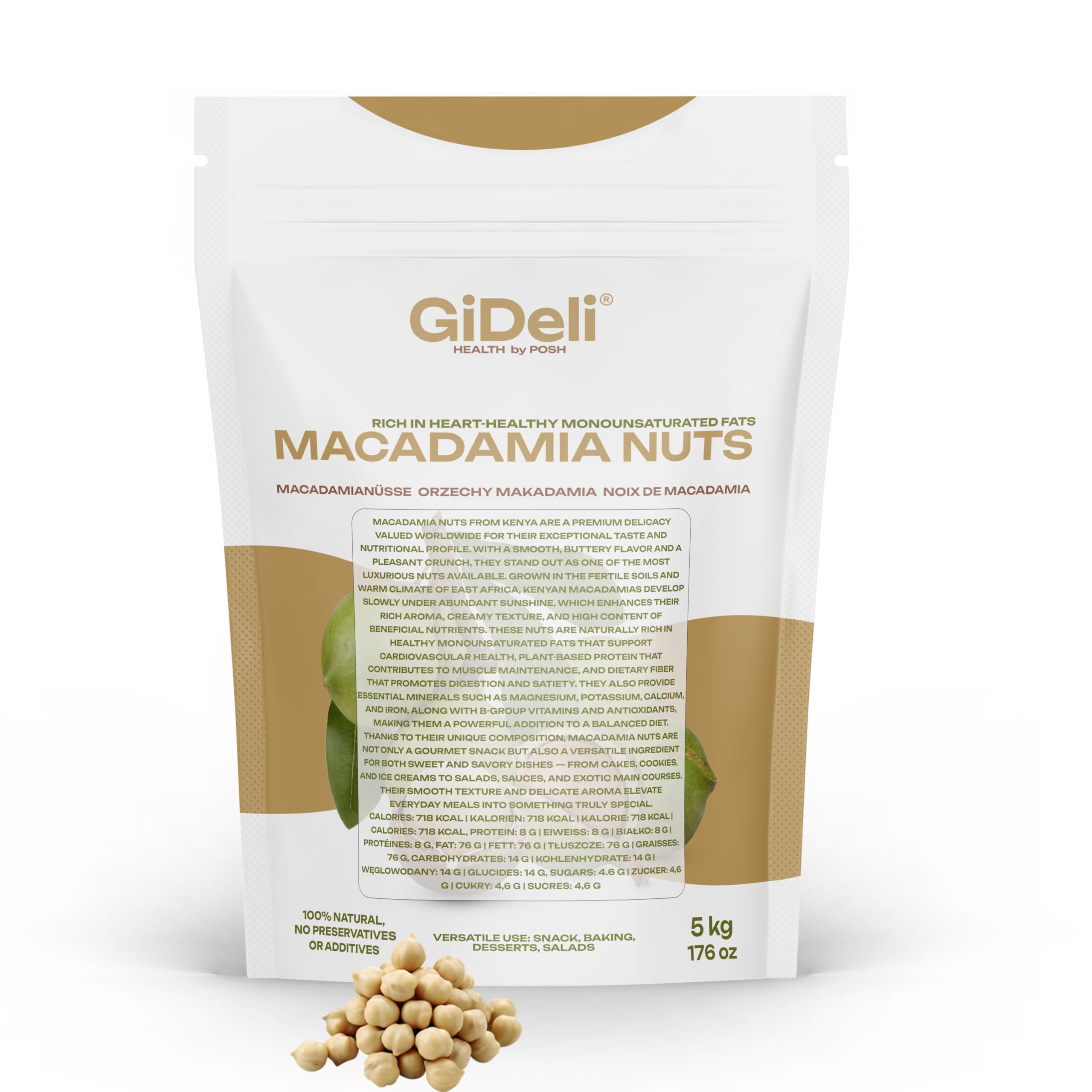 GiDeli Nueces de Macadamia Sin Sal 5 kg - Trozos Naturales, Bolsa