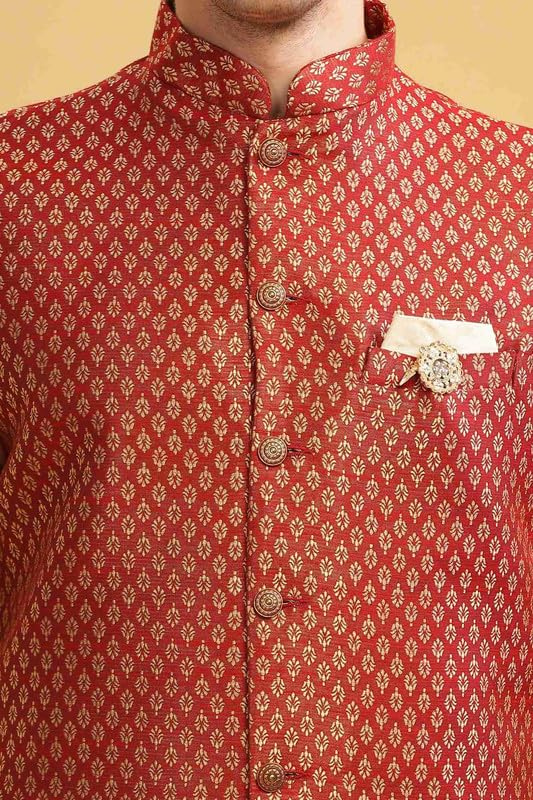 Be Active Men's Regular Kurta Pyjama Set With Nehru Jacket, Solid Straight Long Knee Length Full Sleeves, Ethnic Wear Comfortable Traditional Elegant, Red, Xl (St1207-2-