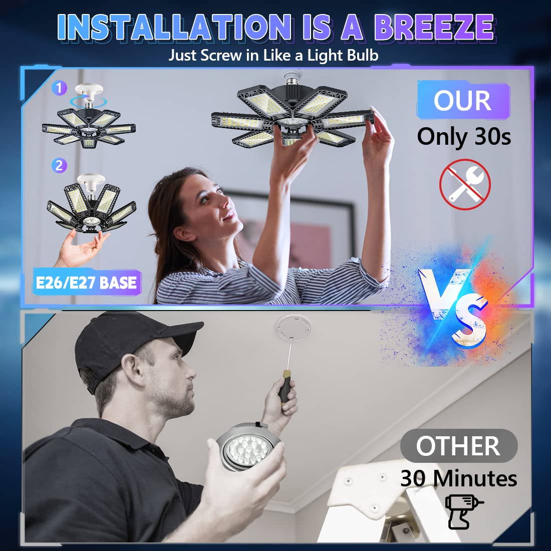 YIQIBRO Garagenlampe LED 200W 2 Stück, 20000LM 6500K Verformbare LED Werkstatt Deckenleuchte mit 7+1 Verstellbaren Paneelen, E26/E27 Werkstattlampe Garagenleuchte für Keller Geschäft Werkstatt Lager