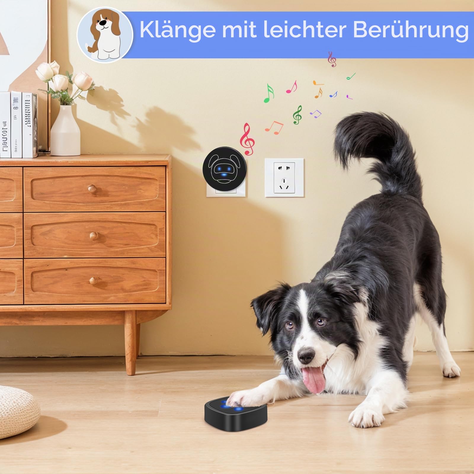 Dog Doorbell, Wireless Ring Bell to Go Outside, IP55 Waterproof Buttons, 55 Melodies, 4 Volume Levels & 950ft Range (Black, 1 Reciever 2 Transmitter)