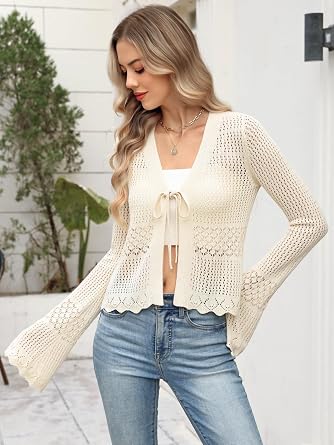 ZANZEA Womens Crochet Cardigan Tie Front Shrug Sweater Bell Sleeves Lightweight Summer Knit Boho Cardigan Tops