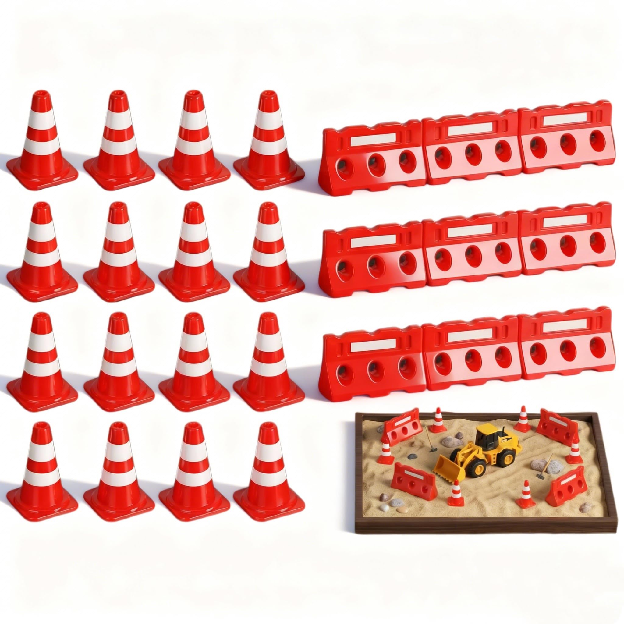 NUOBESTY 24Pcs Mini Traffic Cones and Roadblocks Set, Marker Cones with Mini Barricades Toy Car Track Accessories for Model City, Sports Training,