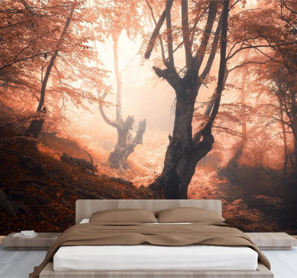 Mural de pared para dormitorio Árboles Del Bosque Otoño Vinilos de pared autoadhesivos grandes Niebla Póster para sala de estar habitación infantil fondo de TV 200x140cm