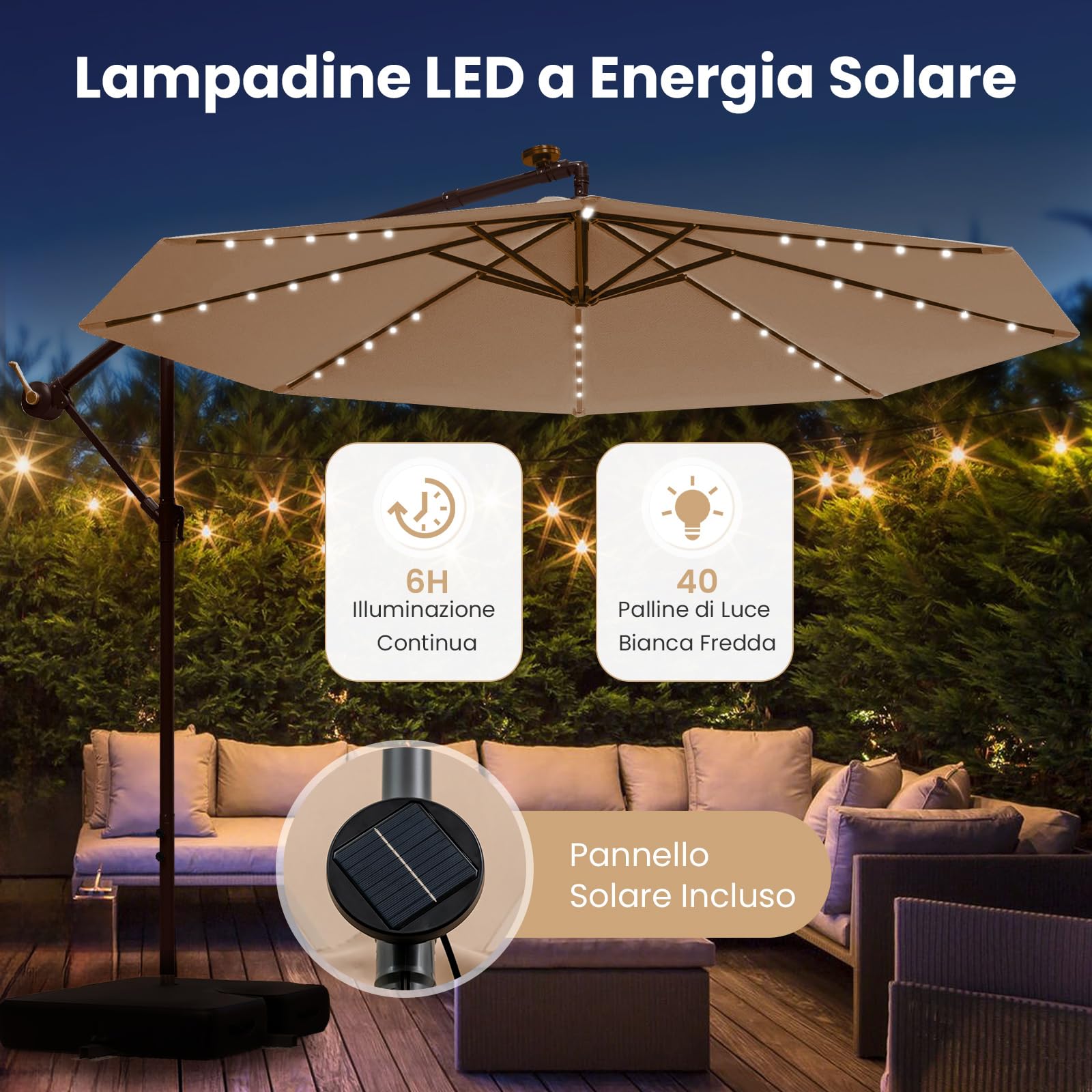 COSTWAY Ombrellone da Giardino 300 cm, Luci LED Solari, Anti-UV, Inclinazione Regolabile, Manovella, Beige