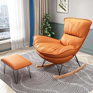 Modern Rocking Chair, Faux Leather Leisure Glider Chair Upholstered Rocking Seat Comfy Rest Reading Chair Water Resistant Nursery Chair for Living Room, Bedroom,Orange