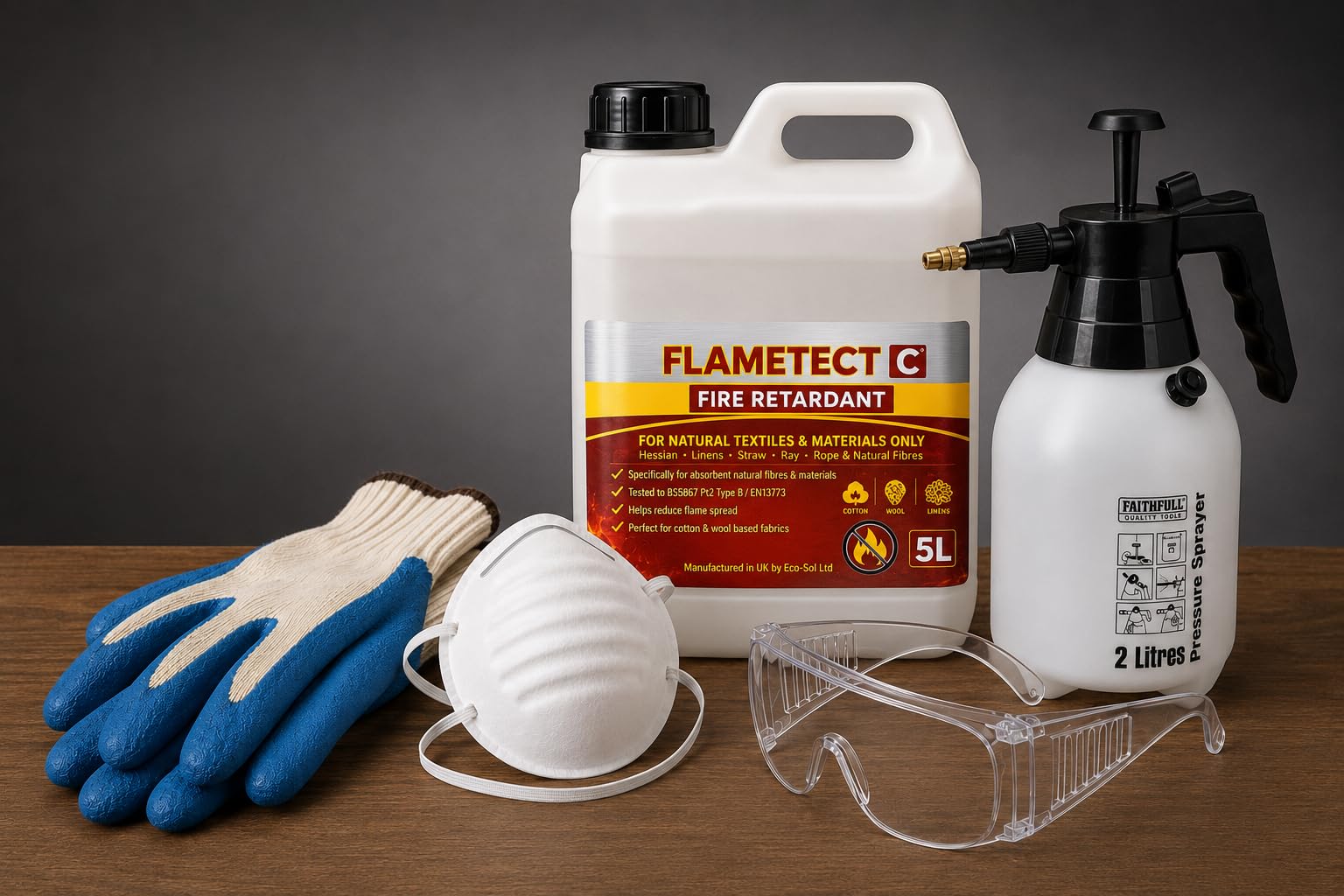 Flametect C 5 Litre Flame Retardant for Natural Materials. with Safety Kit and 2 Litre Pressure Sprayer