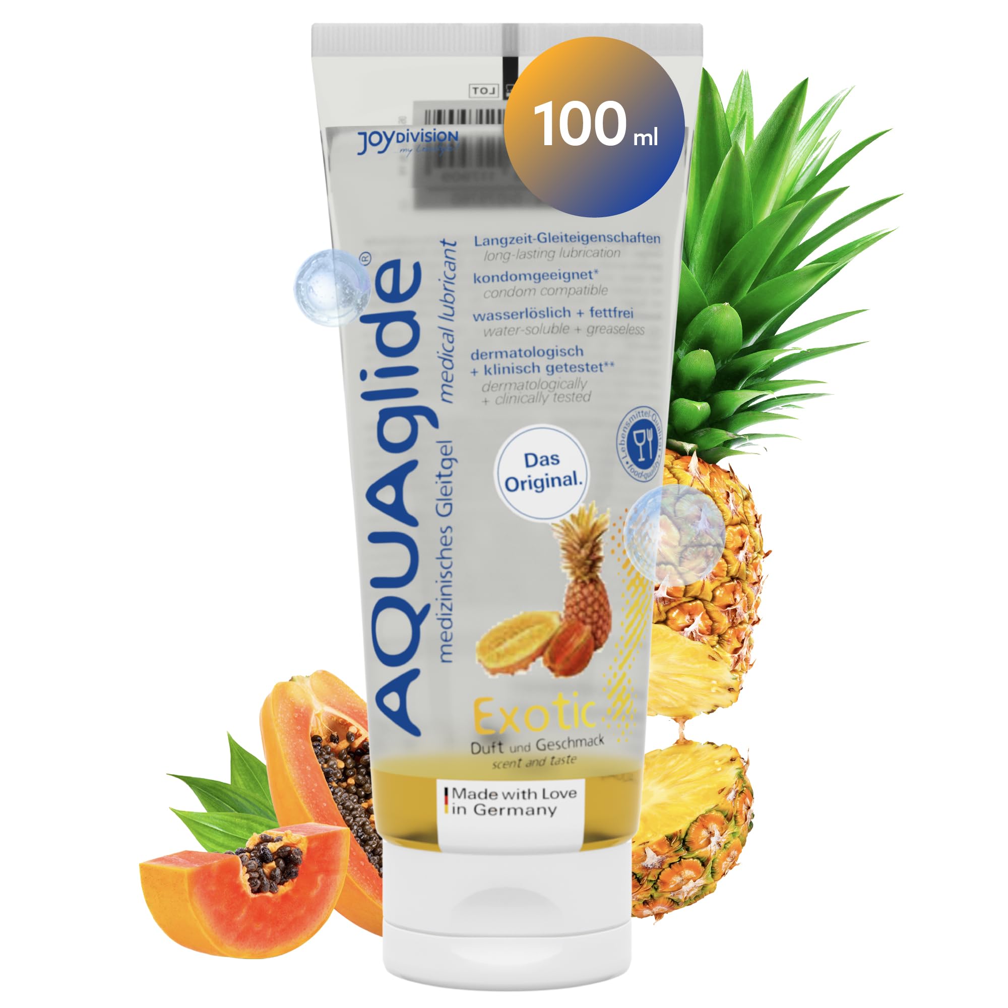 JOYDIVISION AQUAglide Exotic Gleitgel 100 ml, EXOTIC Duft, ölfreies Gleitmittel Auf Wasserbasis & Kompatibel mit Latex-Kondo Men