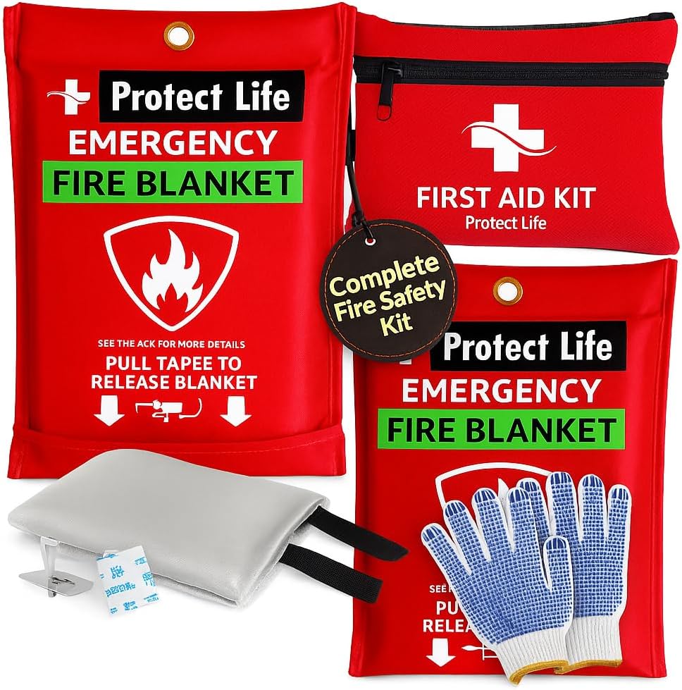 Protect Life First Aid Kit & Fire Blankets Bundle - 100 Pcs First Aid Kit with 2 Pack Emergency Fire Blankets