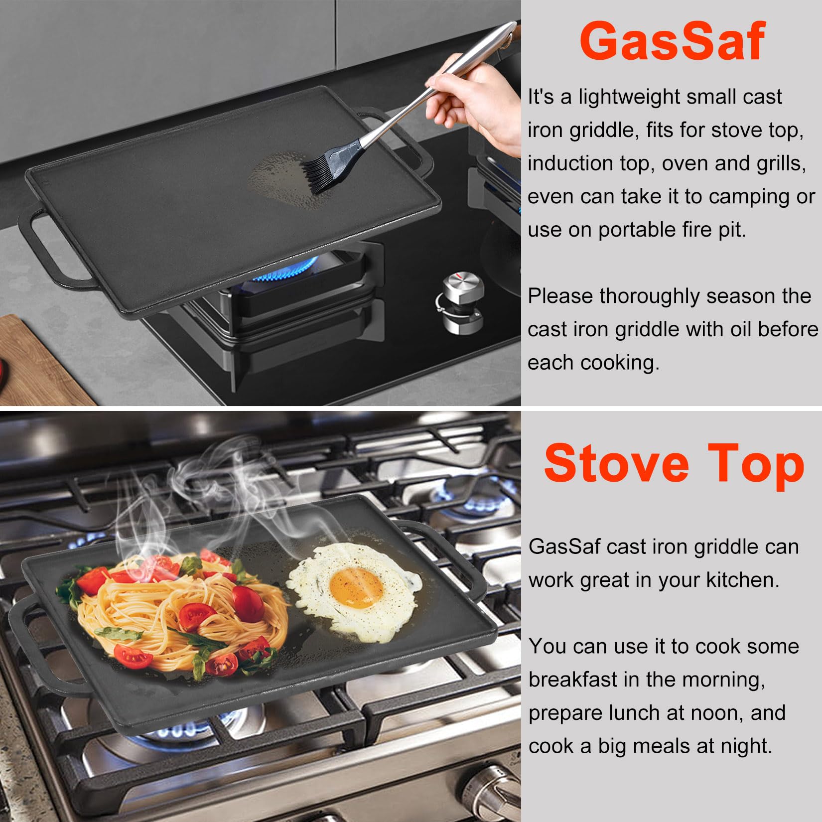 GasSaf Small Cast Iron Griddle for Double Burner Stove Top, Double  Sided Reversible Cooking Pan for Gas Grill Top Outdoor Camping, Gas