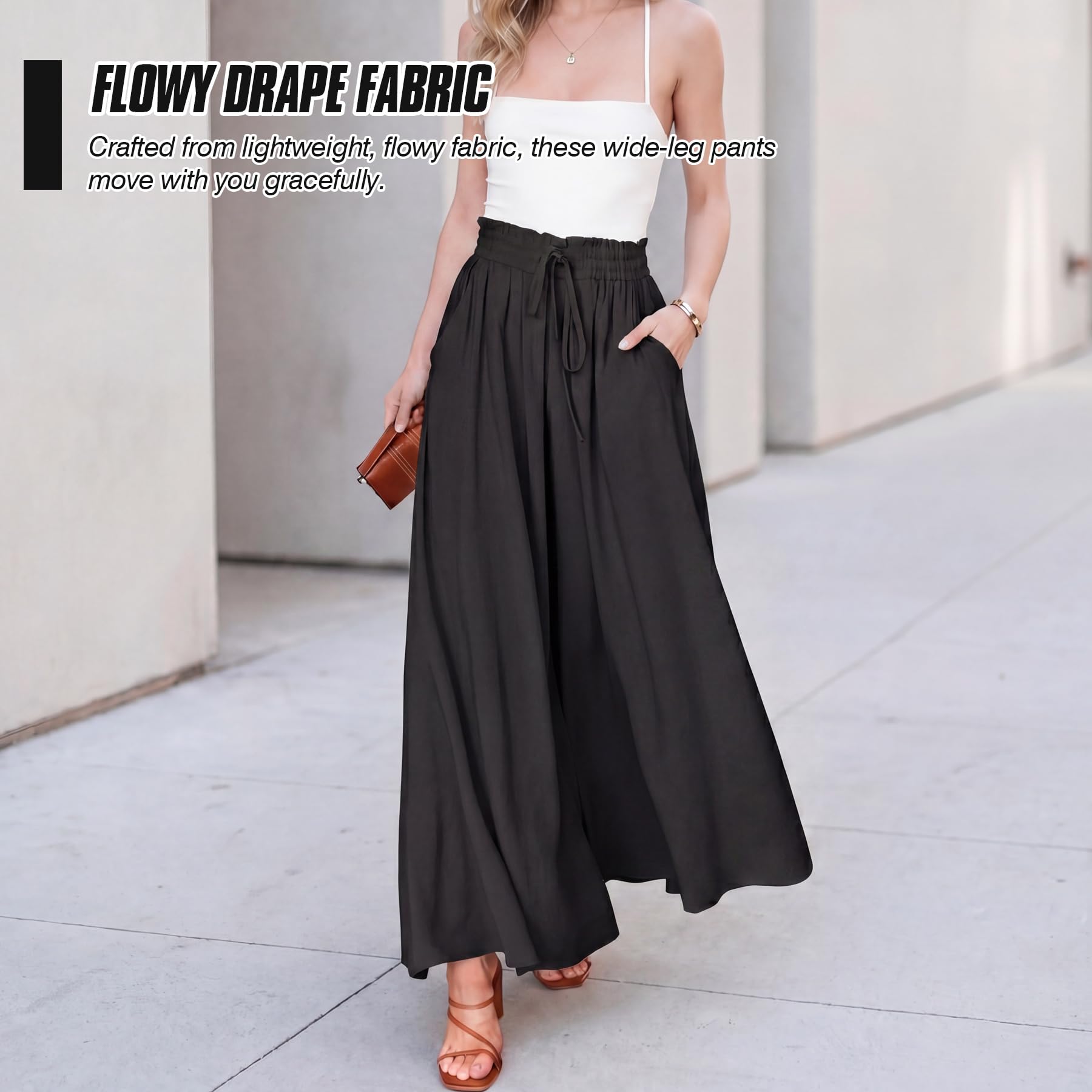 Spesh Pantalon à jambes larges pour femme, taille haute élastique, pantalon d'été ample pour femme, pantalon décontracté avec poches