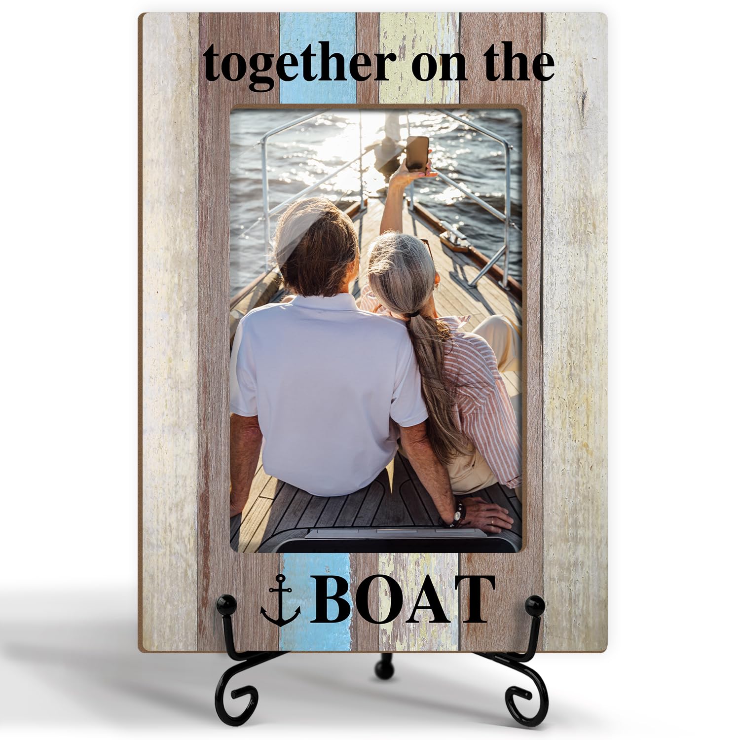 Cadre photo bois 10x15 cm Together On The Boat cadeau fiançailles et mariage