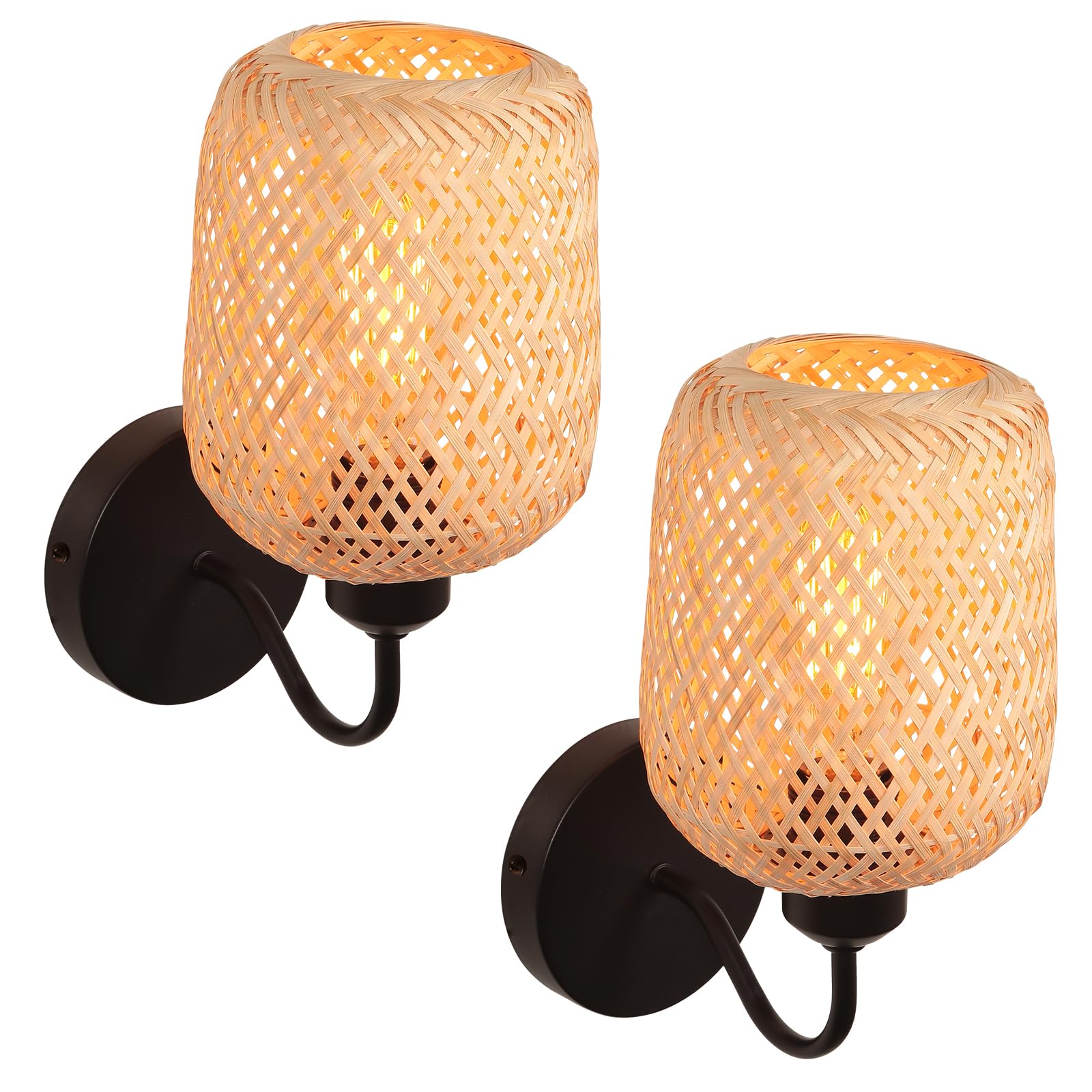 2 Piezas Aplique de Pared Vintage Lámpara de Pared Interior Pantalla de Bambú Tejida a Mano E27 Lámpara de Pared de Estilo Bohemio Deco para Dormitorio, Escalera, Pasillo