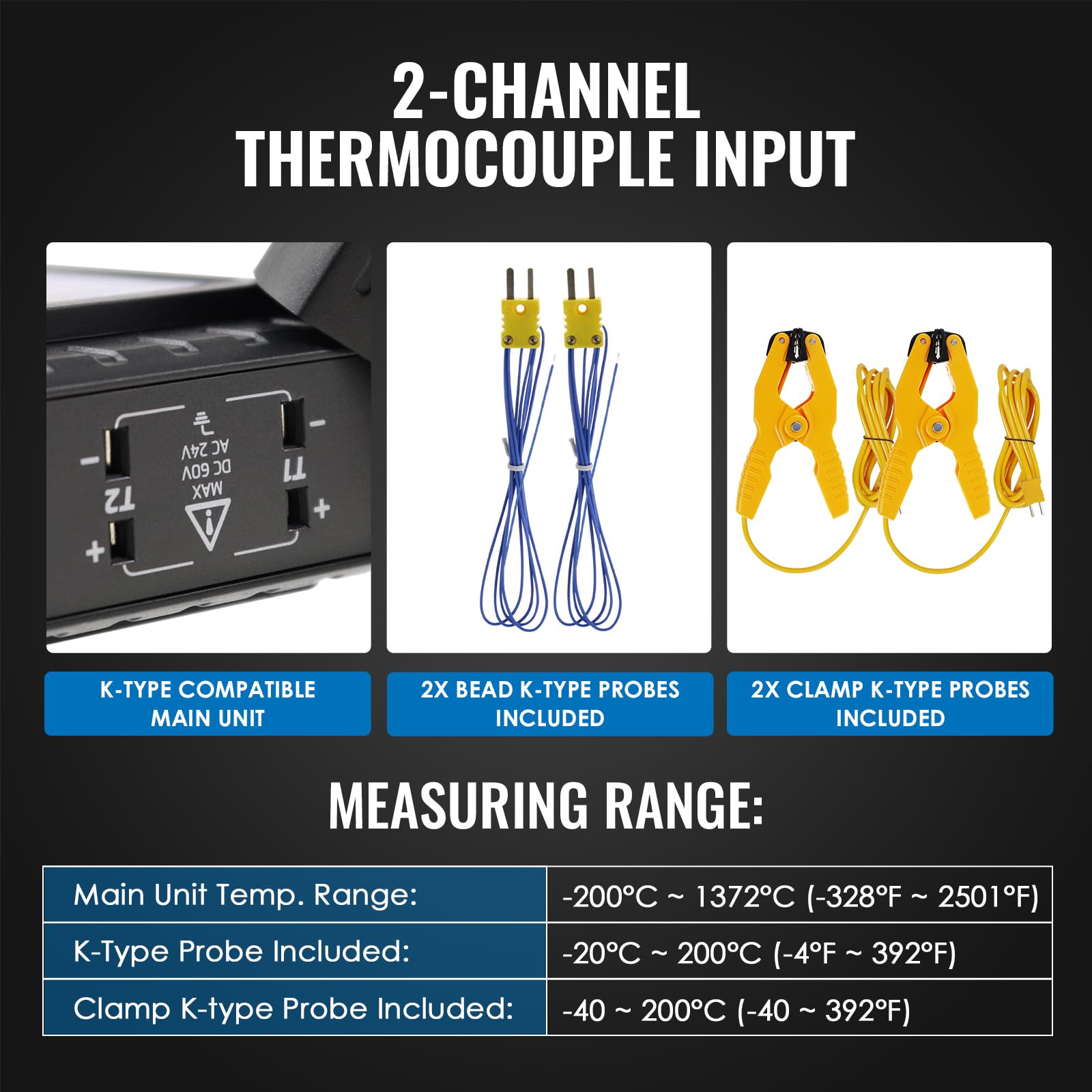 Dual-Channel K/J-Thermometer mit 4 Sonden & 2 Rohrschellen – -200°C bis 1372°C (-328°F bis 2501°F), Alarm, Hintergrundbeleuchtung – Temperaturmessgerät für HVAC-Werkzeuge, Industriethermometer