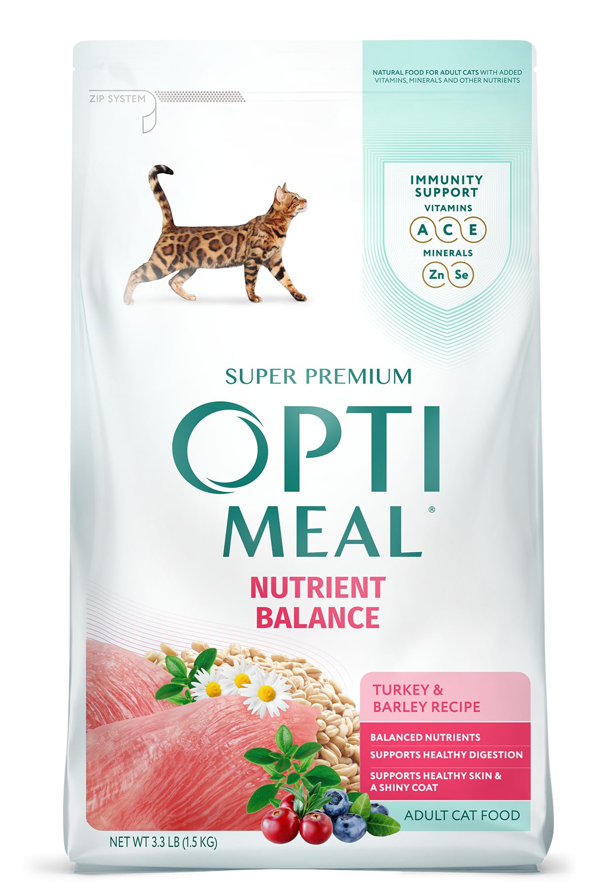 Optimeal Natural Dry Cat Food for Adult Cats - Proudly Ukrainian - Tasty and Nutritional Cat Food Dry Recipe with Immunity Support for Healthy Felines (3.3 lbs, Turkey & Barley)