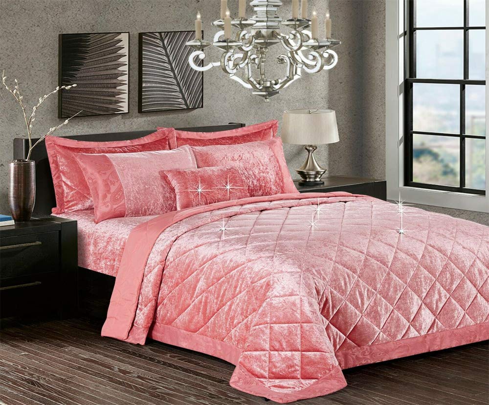 Householdfurnishing Santiago/Blush Pink 3 Piece Crushed Velvet Bedspread/Comforter With Pillow Shams (, Double)