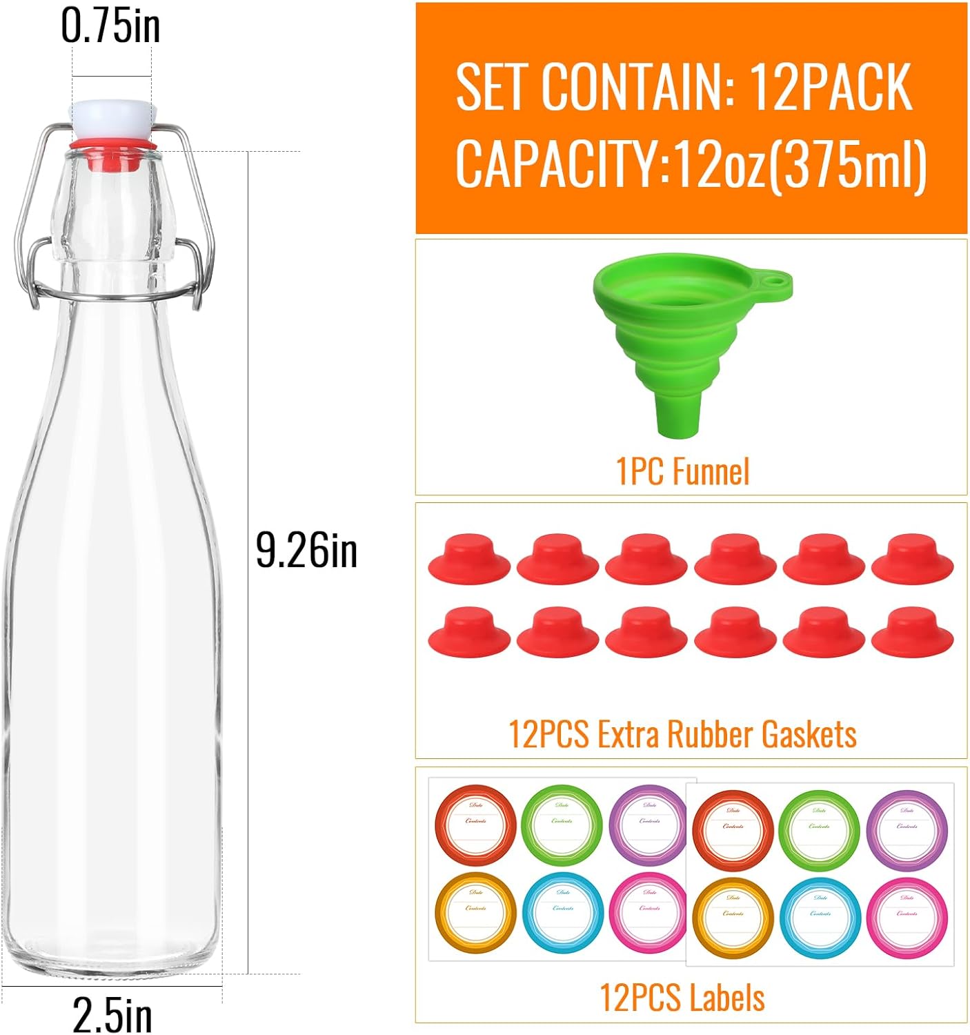 12 Pack 12 oz Swing Top Glass Bottles,Glass Bottles with Stoppers Lids,Glass Beer Bottle with Airtight Rubber Seal Flip Caps for Home Brewing Kombucha,Beverages,Oil,Vinegar,Wine,Cider,Soda