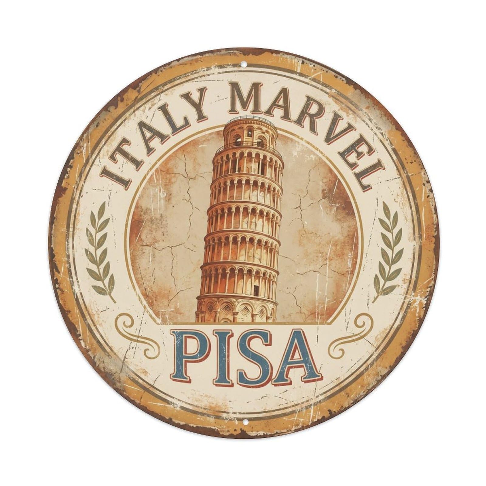Vintage Travel Pisa Tower Italy Metal Tin Sign Plaque Wall Decor for Cafe, Club Bar, Office, Home Garden Round Metal Poster 8x8Inch