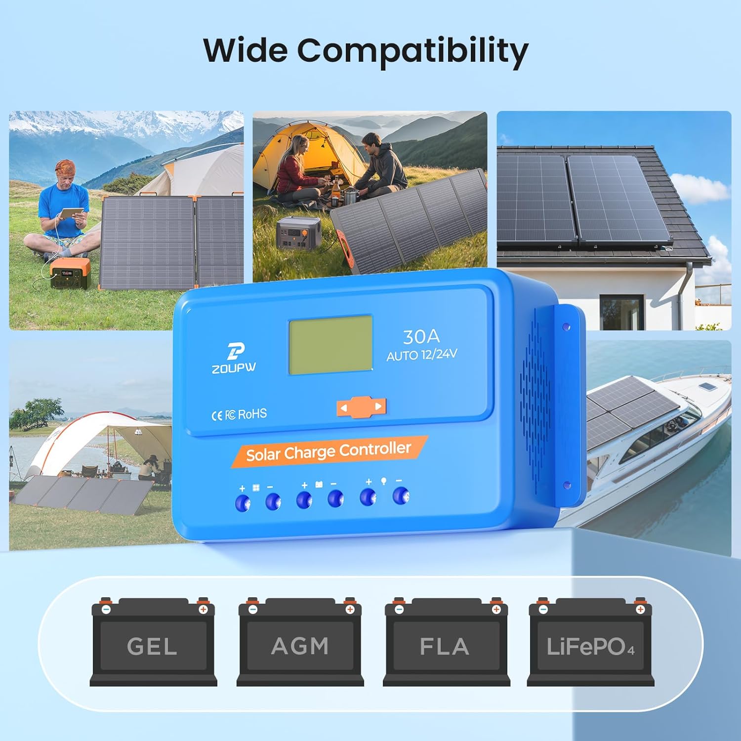 30A PWM Solar Charge Controller,12V 24V Solar Panel Regulator with Adjustable LCD Display Dual USB for Flooded Sealed AGM Gel and Lithium LiFePO₄ Batteries