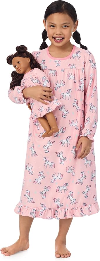 Saint Eve Kids Matching Girl & Doll Nightgowns Set - Long Sleeve Soft Flannel Sleep & Lounge Nighgown Dress for Girls