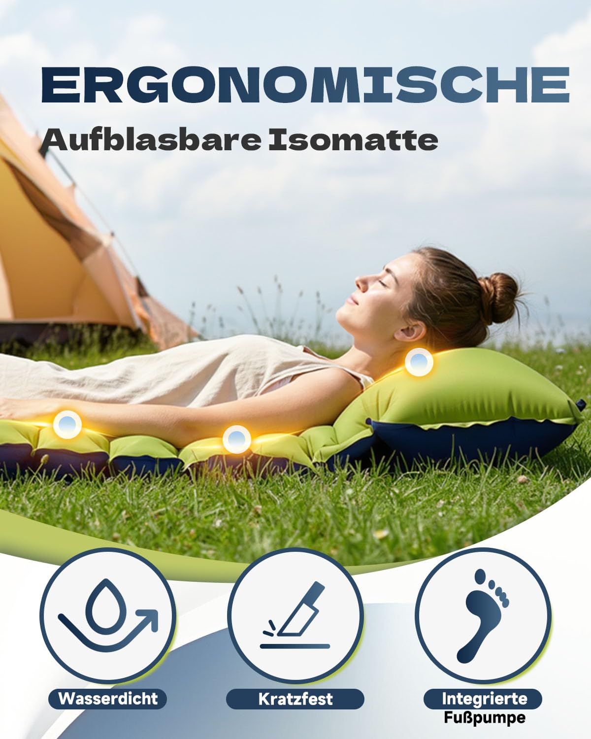 Isomatte Camping,Ultraleichte Isomatte Aufblasbar mit Integriertem Kissen & Fußpumpe, Kompakte Camping Schlafmatte Wasserdicht für Trekking, Backpacking, Reisen und Zelt