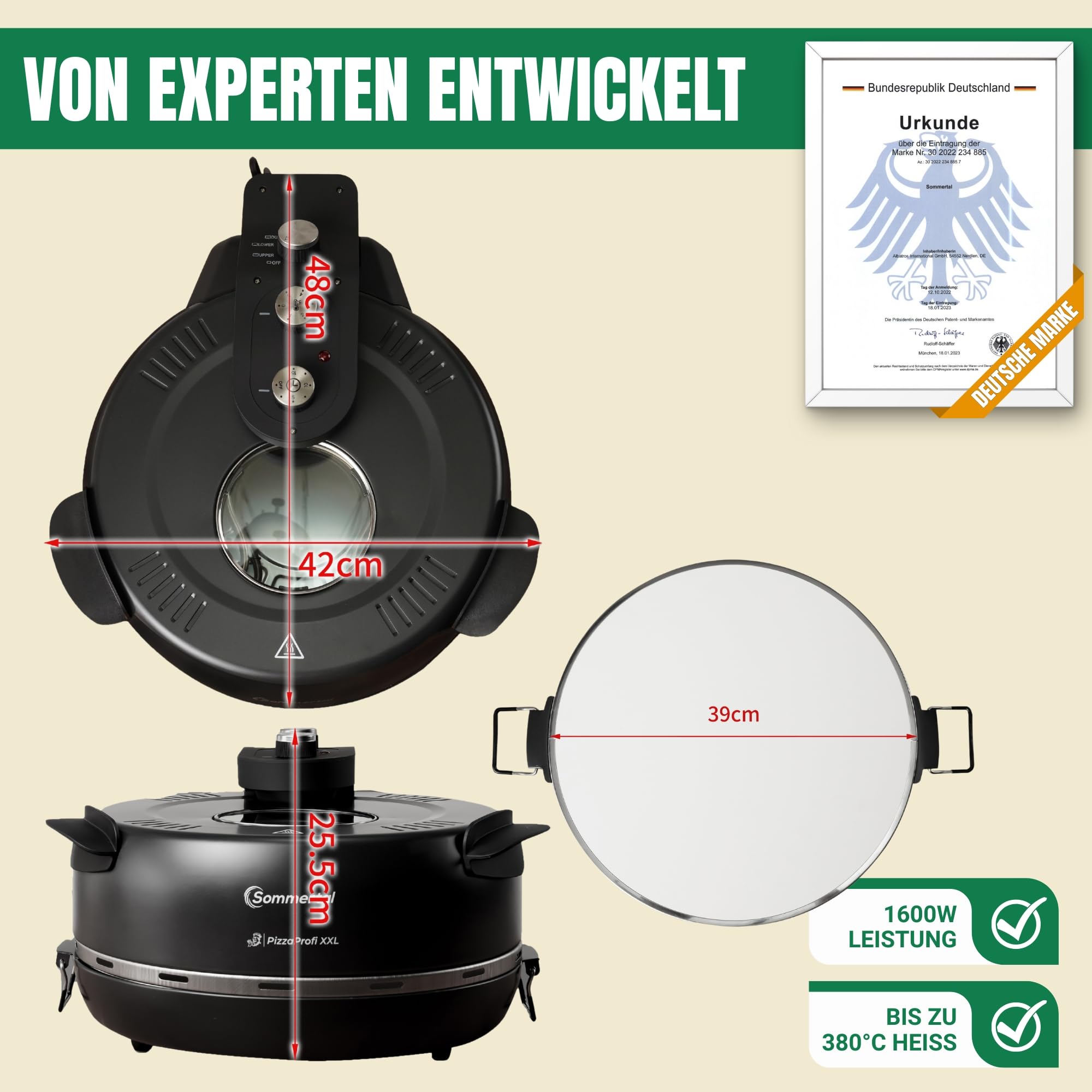 Four à pizza Sommertal PizzaProfi XXL avec plaque en pierre de 39 cm - four à pizza électrique, jusqu'à 400°C - Ensemble de 5 pièces avec insert de poêle, 2x pelle à pizza, cutter, pierre à pizza