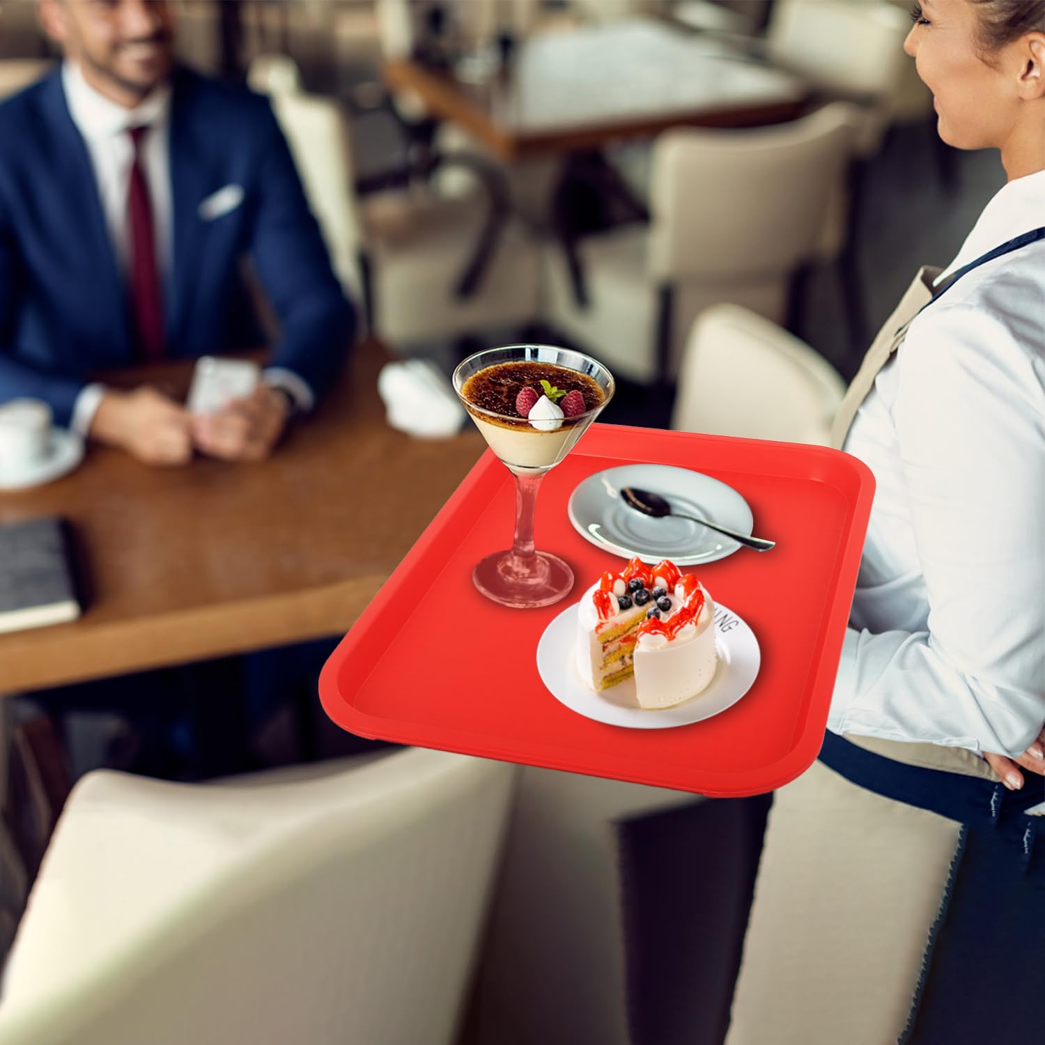 Bandeja de comida rápida, paquete de 12 bandejas de plástico para servir, bandeja de restaurante y cafetería para cocina, mesa de café, fiesta, bandejas negras antideslizantes duraderas, reutilizables