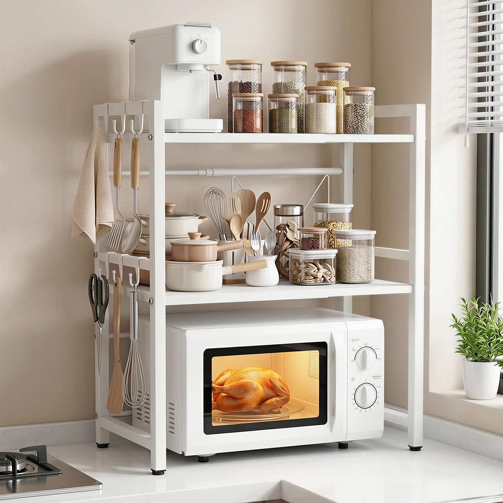 ALANNG Mikrowellen Regal, Mikrowellenregal Küche Arbeitsplatte, Küchenregal Stehend für Backofen/Kaffeemaschine, Stabile Microwave Stand mit 6 Haken