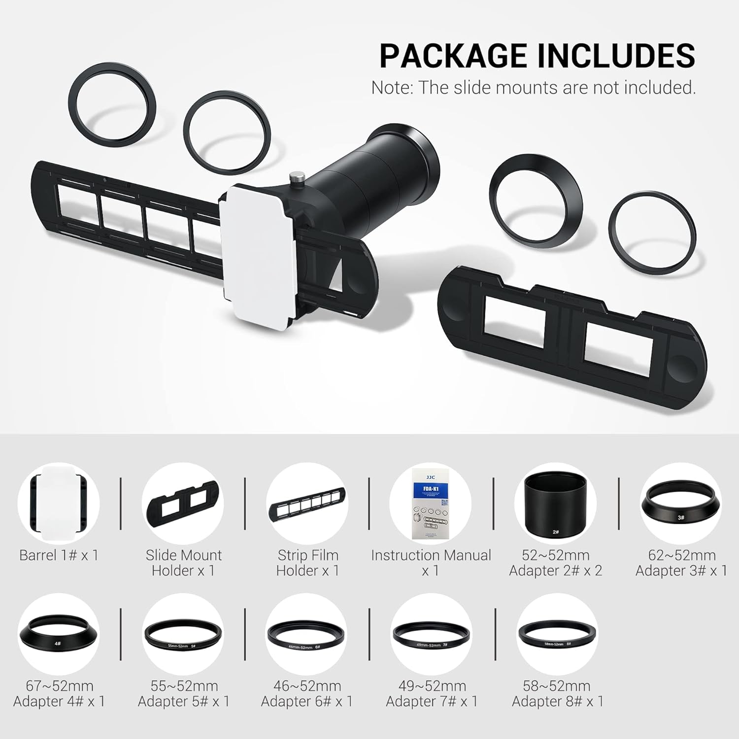 Diagram showing all included components of the JJC Slide and Film Digitizing Adapter Kit