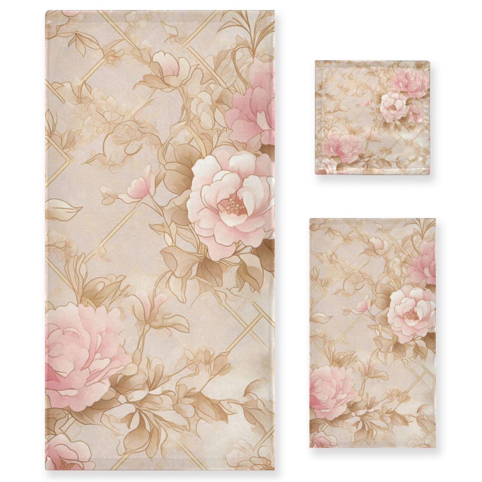 Set di 3 asciugamani per il viso con motivo floreale color pesca e oro, ad asciugatura rapida, 1 asciugamano da bagno, 1 asciugamano per le mani, 1 panno per la casa, cucina e famiglia