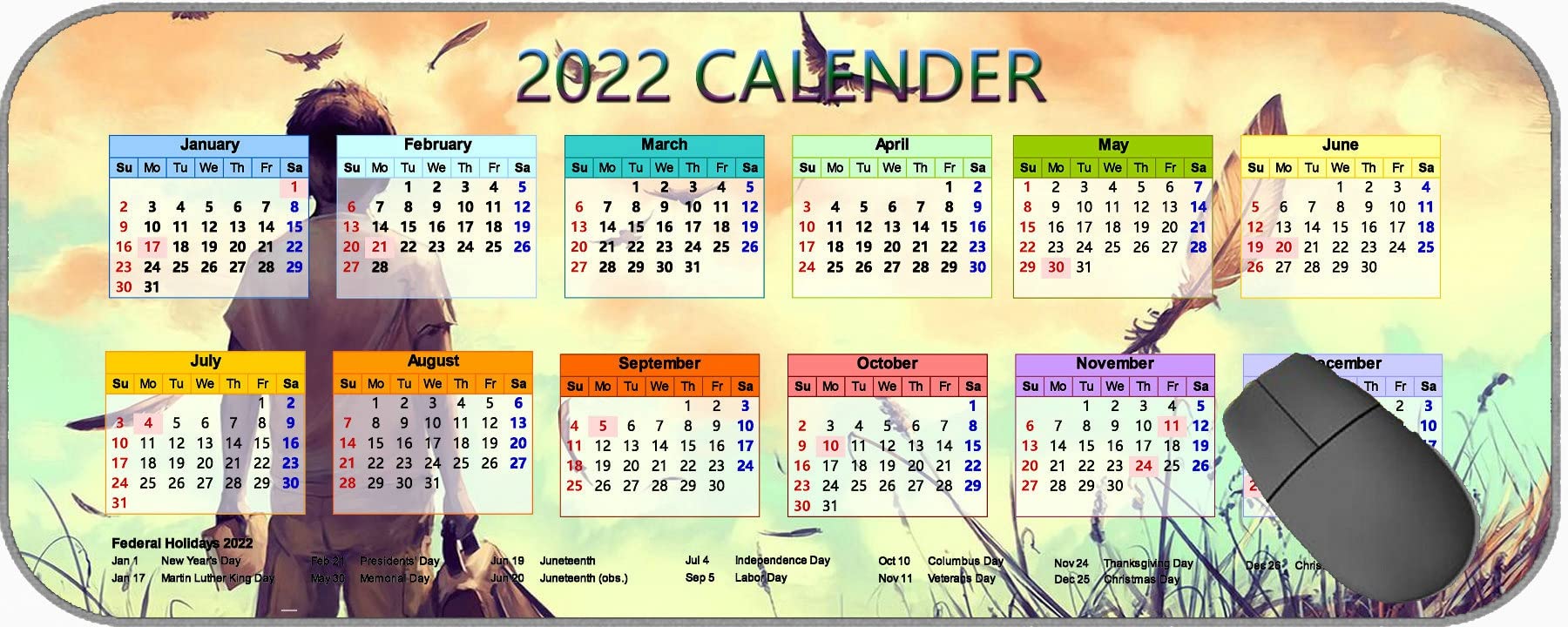 Gaming Mouse Pad 2022 Year Calendar with Holiday,Boy Birds Art MP895 Non-Slip Rubber Mousepad