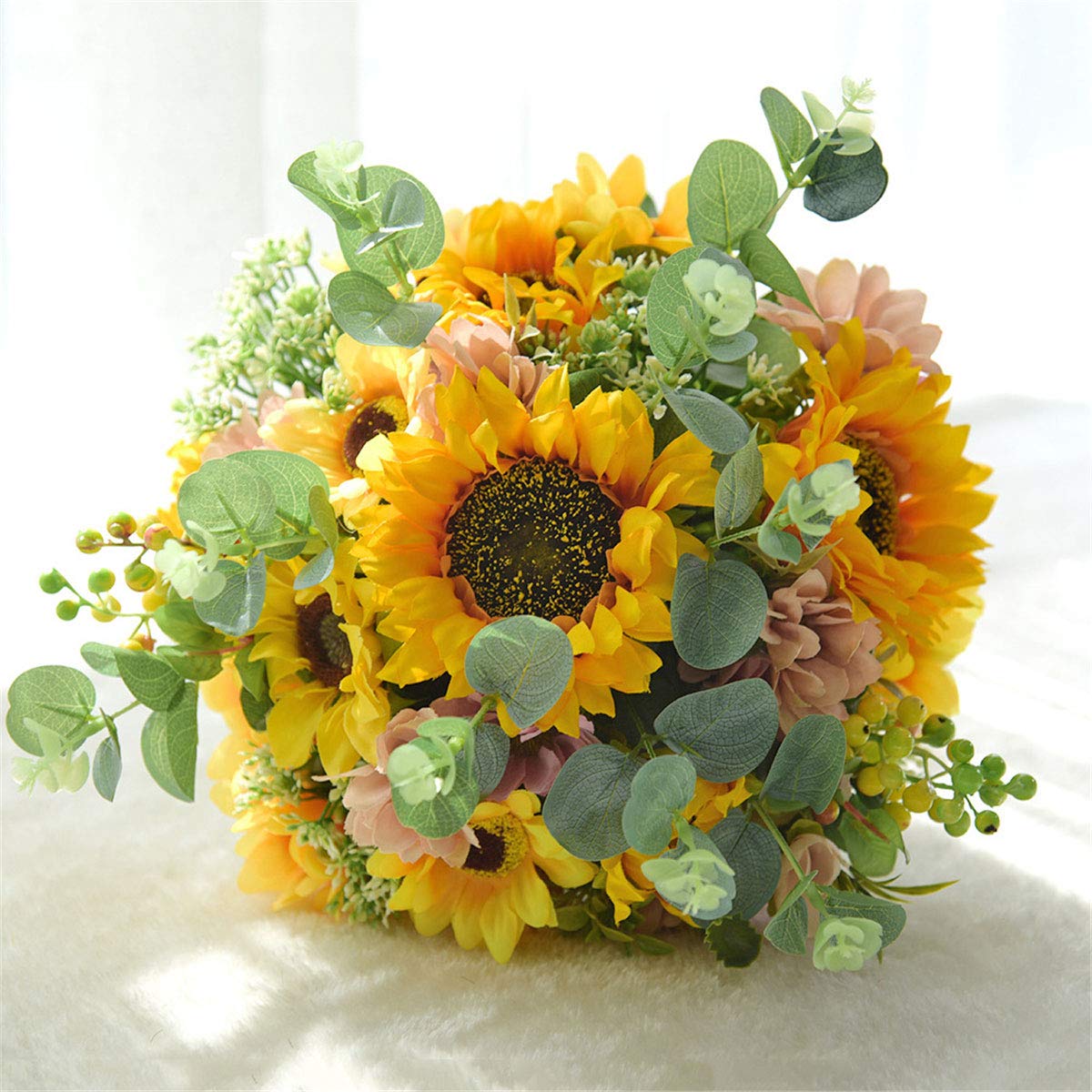 Fiwisora 10.5" Bridal Bouquet - Real-Looking Sunflower & Mixed Flowers With Hemp Ribbon For Wedding