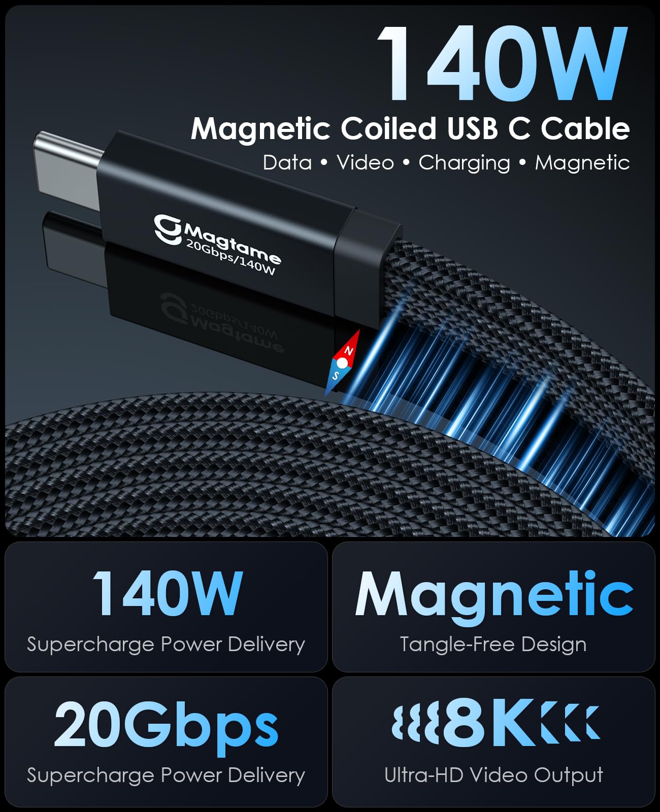 Magtame Magnetyczny kabel USB C do USB-C 20 Gbps, 8 K, 1,5 m, 140 W, nieplątany kabel typu C, USB 3.2, szybkie ładowanie i przesyłanie danych do laptopa, monitora, i-Phone 17/16