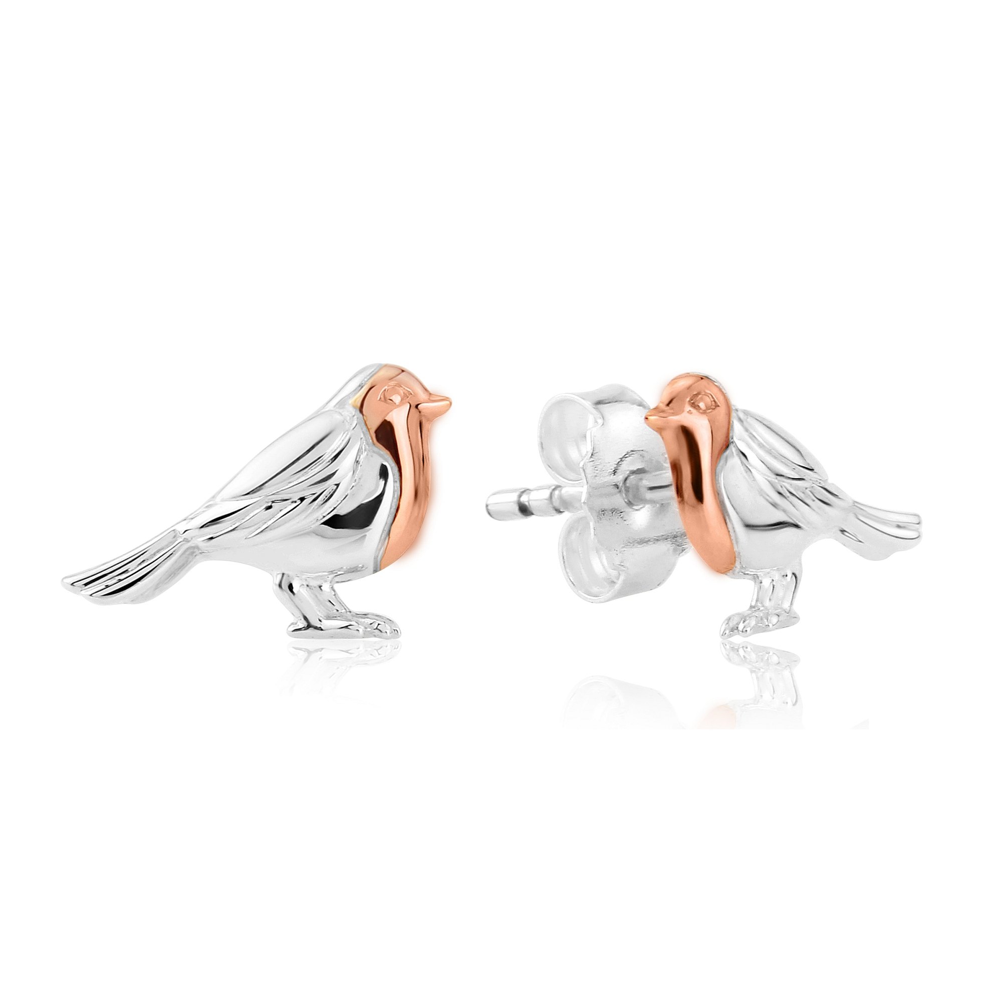 Gemma J Solid 925 Sterling Silver Robin Bird Stud Earrings with 14ct Rose Gold Breast