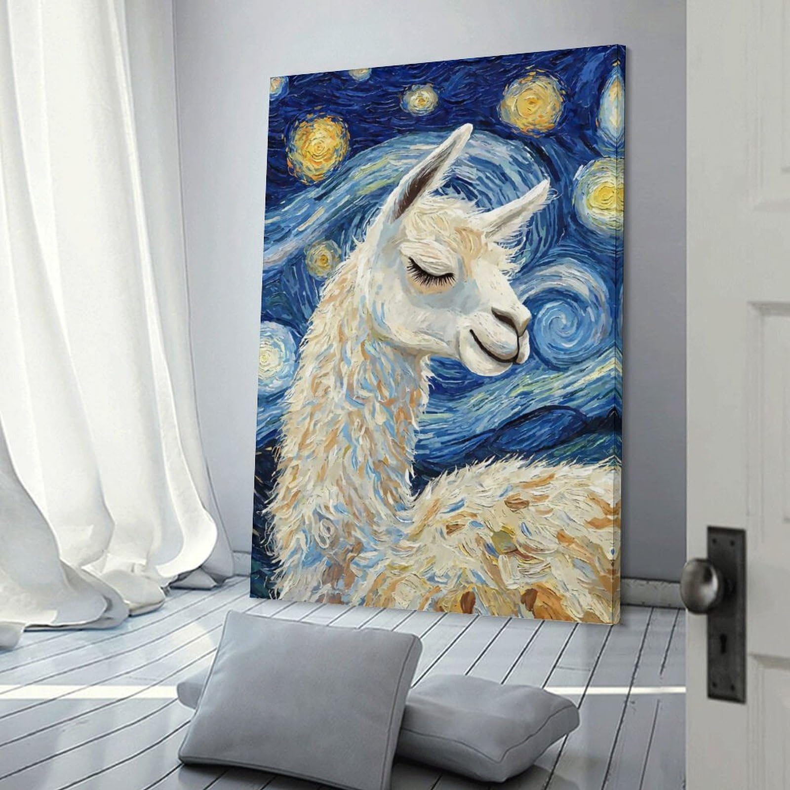 Junmoney Llama Sleeping Starry Night Room Decor Wall Art, 24x36inch(60x90cm), for Living Room, Bedroom, Office Or Hallway, Decorative Artwork with Broad Appeal