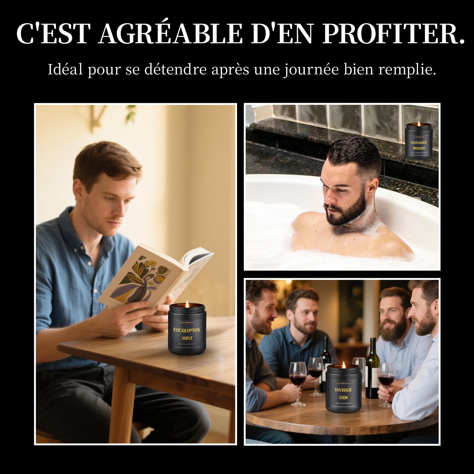 Bougies Parfumées pour Hommes Lot de 4, Bougies de Soja 790 ml, 200 Heures de Combustion, Lavande/Eucalyptus/Cuir/Chêne