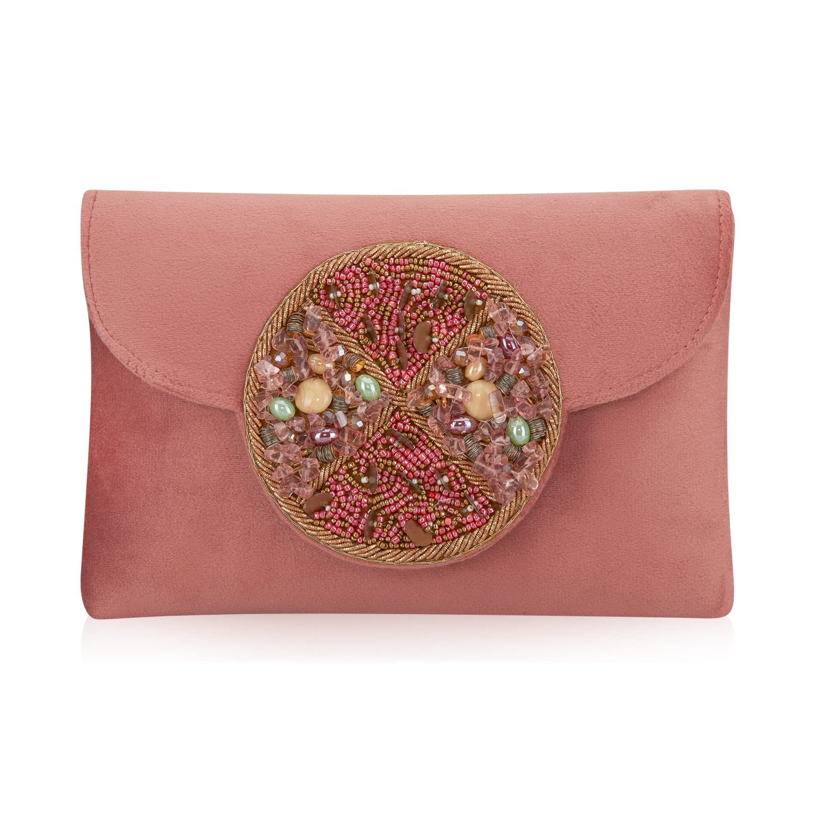 INAAYA - Bridal Accessories Women's Suede Zardozi Designer Wedding Sling Clutch Bag Purse with Circular Embellishment of Multi Stones and Embroidery