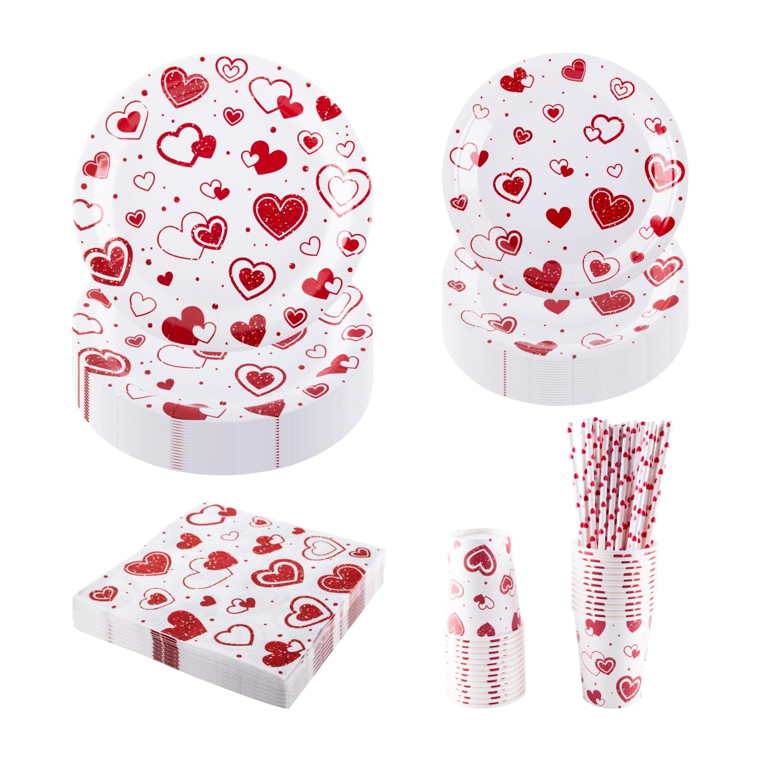 PHUNAT 25-Guests Party Plates Cups and Napkins Set, Includes Heart Paper Plates (7 & 9 inch), Cups, Napkins, Straws, Ideal for Valentine's Day, Wedding, Anniversary, Mother's Day and Celebrations