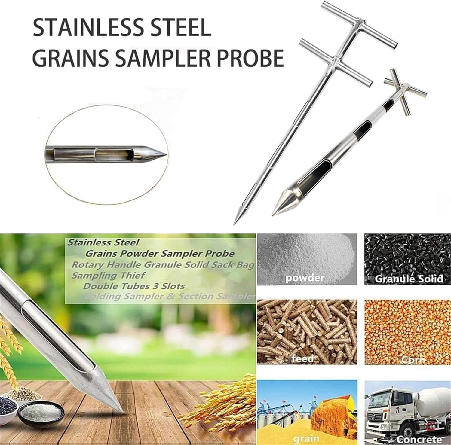 Campionatore di polvere di grani in acciaio inossidabile, Tubo di campionamento di polvere rotante a doppio strato, Sonda di grano per prodotti chimici solidi granulari, 3 slot, sonda di grano per