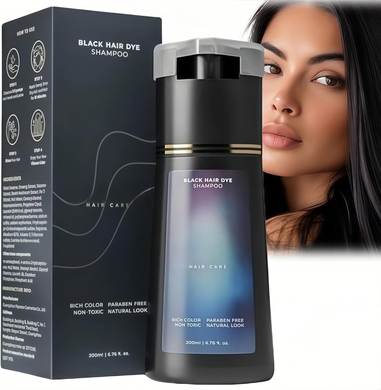 200Ml Polar Hair Dye Shampoo,Color Shampoo for Grey H-air,Instant D-ye Sham-poo for Women and Men,P-olar Sham-poo Hair D-ye,Polar Instant Dye Sham-poo,Black