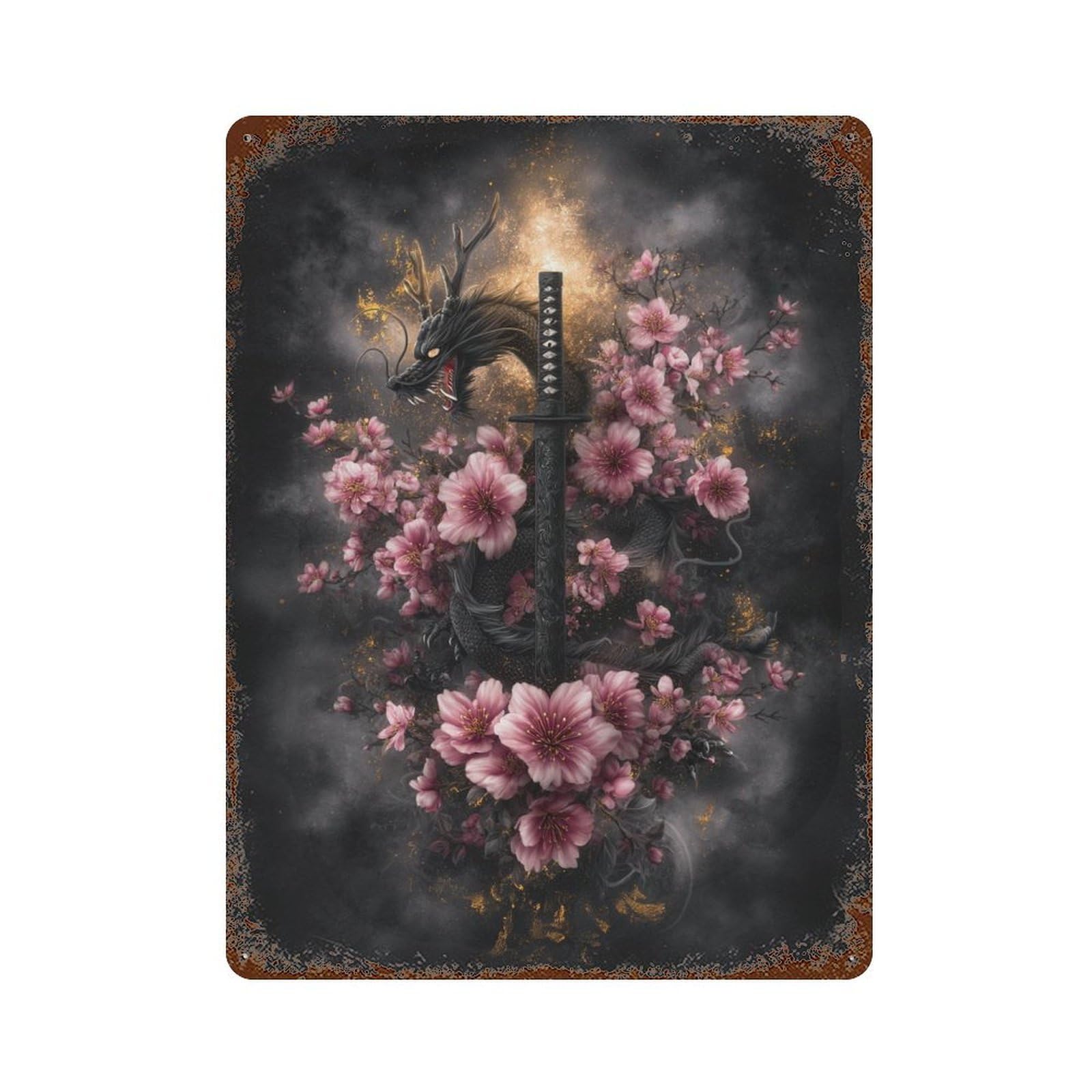Rust Effect Dragon Sword with Cherry Blossoms -2 Vintage Rust Metal Sign 15.7"x11.8", Decorative Metal Wall Art for Shed, Workshop And Garage Wall Decor
