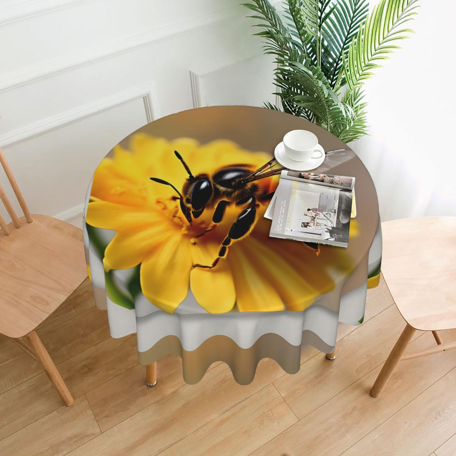 Nbtghga Honey Bee And Flower Print Tablecloth Round Border Table Cloth Cover Decorative For Party Holiday Dinning Tabletop Home