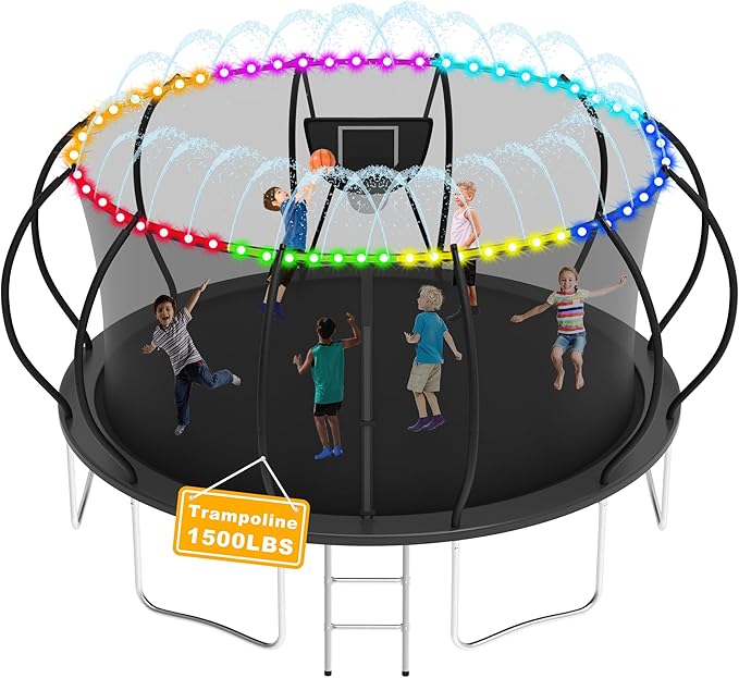 1500LBS Tranpoline Outdoor 8 10 12 14 16FT Tranpoline for Kids and Adults,【Easy to Install & Built to Last】 Recreational Tranpolines with Net, Light+Sprinkler, Basketball Hoop, ASTM Approved
